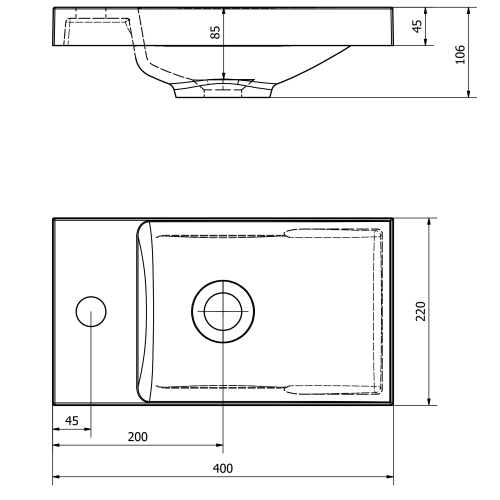 Umywalka kompozytowa bez przelewu AGOS 40 x 22 cm czarna matowa lewa / prawa AS400B Sapho rysunek techniczny