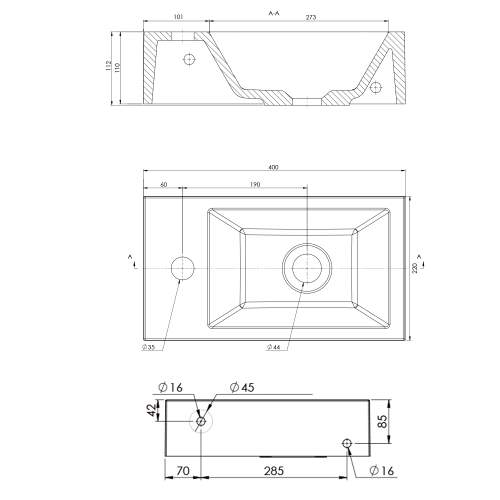 Umywalka kompozytowa AMAROK 40 x 11 x 22 cm czarna matowa otwór na baterię z lewej strony AR400B Sapho rysunek techniczny