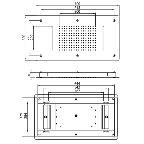 Deszczownica prysznicowa sufitowa 2 x kaskada 70 x 38 cm stal nierdzewna polerowana MS343 Sapho rysunek techniczny