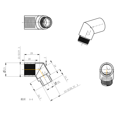 Kolanko słuchawki 1/2" mosiądz / chrom AR069 Sapho rysunek techniczny