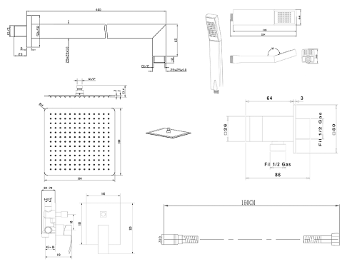 Zestaw prysznicowy GINKO z baterią podtynkową 2 wyjścia chrom 1101-42-21 Sapho rysunek techniczny