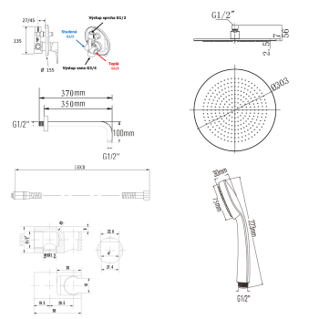 Zestaw prysznicowy podtynkowy KAI z baterią 2 wyjścia chrom KA42-01 Sapho rysunek techniczny