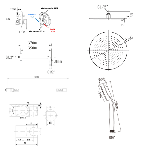 Zestaw prysznicowy podtynkowy KAI z baterią 2 wyjścia chrom KA42-01 Sapho rysunek techniczny