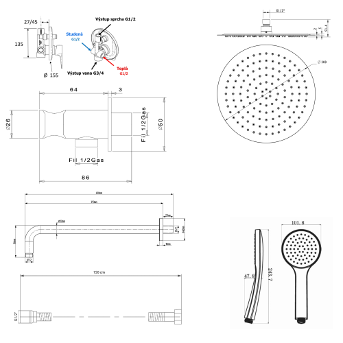 Zestaw prysznicowy podtynkowy KAI z baterią podtynkową 2 wyjścia czarny KA42/15-01 Sapho rysunek techniczny