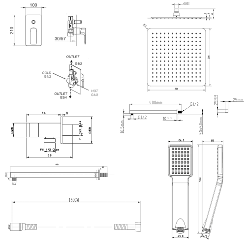 Zestaw prysznicowy podtynkowy SPY z baterią podtynkową 2 wyjścia czarny PY42/15-01 Sapho rysunek techniczny
