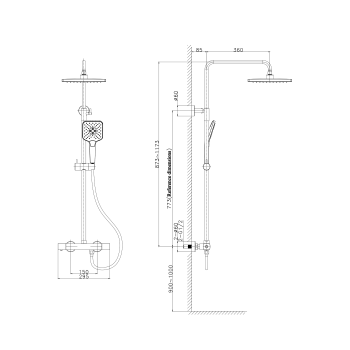 Zestaw prysznicowy teleskopowy DAKAR z baterią termostatyczną złoty mat SZ139GB Sapho rysunek techniczny