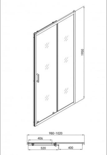 Drzwi prysznicowe do wnęki przesuwne ELITE BLACK 100 x 195 cm SC100B Sanotechnik rysunek techniczny