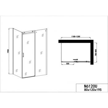 Kabina prysznicowa prostokątna drzwi przesuwne ELITE CHROME 120 x 80 x 195 cm N6120U Sanotechnik rysunek techniczny