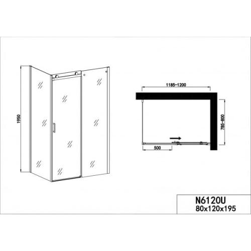 Kabina prysznicowa prostokątna drzwi przesuwne ELITE CHROME 120 x 80 x 195 cm N6120U Sanotechnik rysunek techniczny