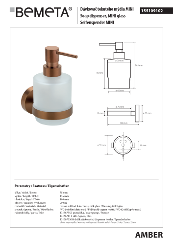 Dozownik do mydła 200 ml AMBER 155109102 Bemeta wymiary