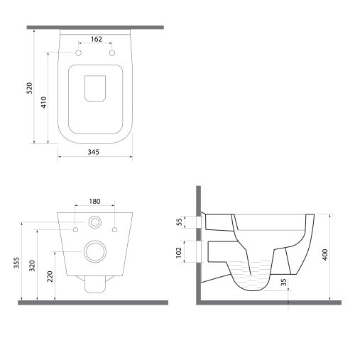 Miska WC podwieszana Rimless VEA 34,5 x 52 cm biały 10VA02001 ISVEA rysunek techniczny