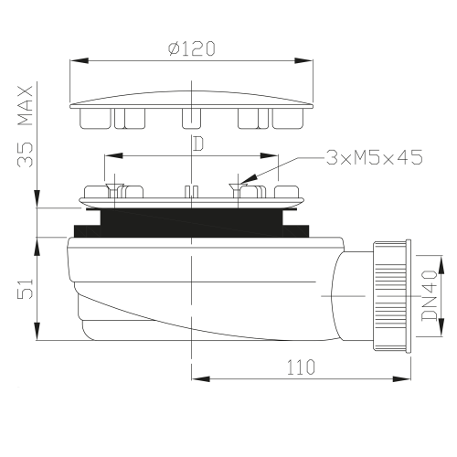 Syfon do brodzika prysznicowego niski z zaworem Ø 90mm DN40 stal nierdzewna 1722C Polysan rysunek techniczny