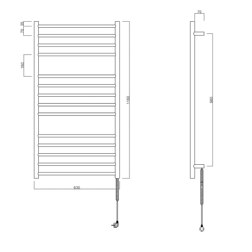 Łazienkowa suszarka elektryczna 630 x 1160 mm chrom 130 W REDONDO ER230V Sapho rysunek techniczny
