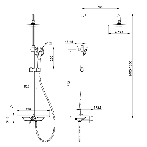 Zestaw prysznicowy ARONA z baterią wylewka czarny mat SL210B Aqualine rysunek techniczny