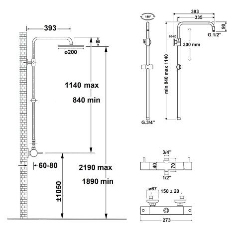 Zestaw prysznicowy MIA z baterią dźwigniową czarny mat MA139B Aqualine rysunek techniczny