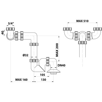 Syfon umywalkowy podwójny odpływ 40 mm oszczędzający miejsce 151.132.0 Bruckner rysunek techniczny
