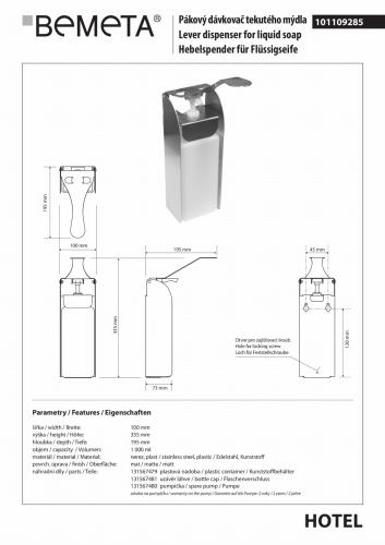 Dozownik do mydła 1000ml 101109285 Bemeta rysunek techniczny
