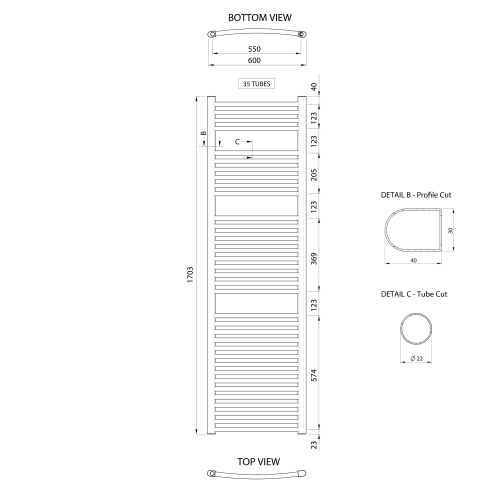 Grzejnik łazienkowy 600 x 1703 mm chrom 644 W obły ALYA LLC205 Aqualine rysunek techniczny