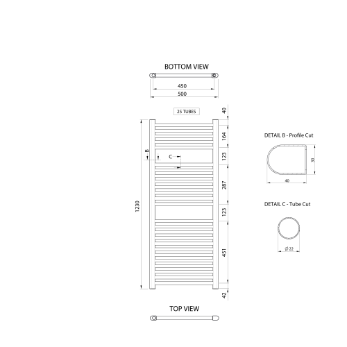 Grzejnik łazienkowy 500 x 1230 mm chrom 392 W prosty ALYA LLR104 Aqualine  rysunek techniczny