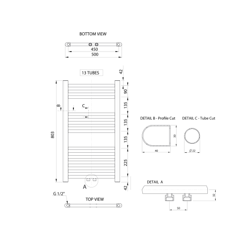 Grzejnik łazienkowy 500 x 803 mm chrom 235 W podłączenie środkowe ALYA LLS301 Aqualine  rysunek techniczny