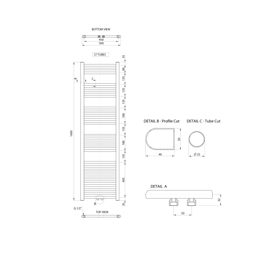 Grzejnik łazienkowy 500 x 1600 mm chrom 467 W podłączenie środkowe ALYA LLS304 Aqualine rysunek techniczny