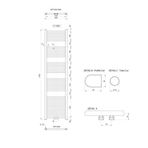 Grzejnik łazienkowy 600 x 1785 mm chrom 614 W podłączenie środkowe ALYA LLS306 Aqualine rysunek techniczny
