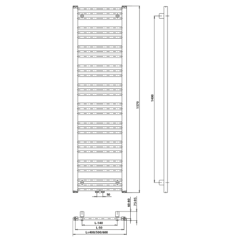 Grzejnik łazienkowy 500 x 1570 mm chrom 460 W ALBRECHT 600.115.1 Bruckner rysunek techniczny
