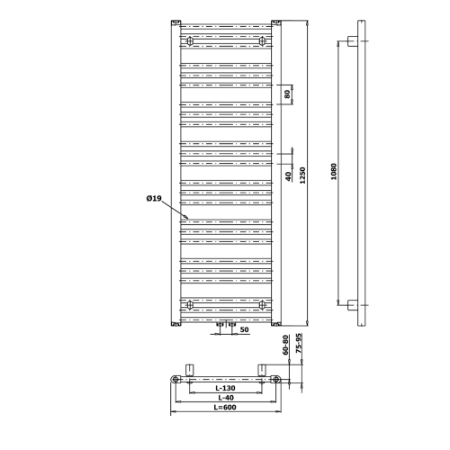Grzejnik łazienkowy 600 x 1250 mm czarny mat 611 W ALBRECHT 600.117.6 Bruckner rysunek techniczny
