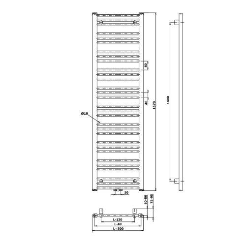Grzejnik łazienkowy 500 x 1570 mm czarny mat 657 W ALBRECHT 600.115.6 Bruckner  rysunek techniczny