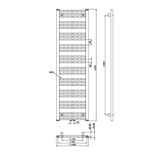 Grzejnik łazienkowy 400 x 1570 mm czarny mat 547 W ALBRECHT 600.113.6 Bruckner  rysunek techniczny