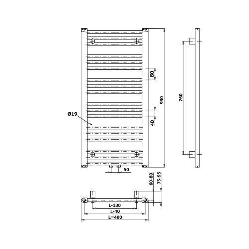 Grzejnik łazienkowy 400 x 930 mm czarny mat 327 W ALBRECHT 600.111.6 Bruckner  rysunek techniczny