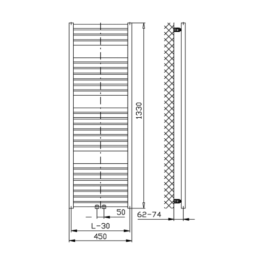 Grzejnik łazienkowy 450 x 1330 mm biały 561 W TONDI DT470T Aqualine rysunek techniczny