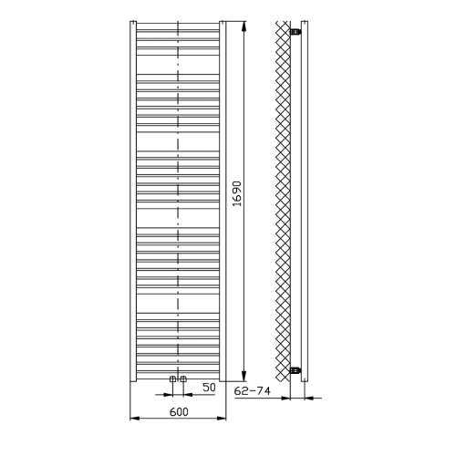 Grzejnik łazienkowy 600 x 1690 mm biały 930 W TONDI DT490T Aqualine rysunek techniczny