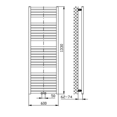 Grzejnik łazienkowy 600 x 1330 mm czarny mat 730 W TONDI DT486T Aqualine rysunek techniczny