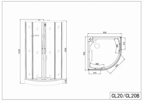Kabina prysznicowa półokrągła 90 x 90 x 215 cm CL20 Sanotechnik rysunek techniczny