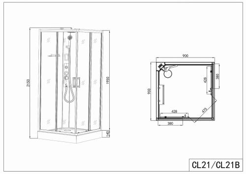 Kabina prysznicowa kwadratowa 90 x 90 x 215 cm CL21 Sanotechnik rysunek techniczny