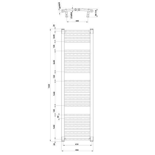 Grzejnik łazienkowy 450 x 1320 mm biały 594 W ORBIT ILO34T Aqualine rysunek