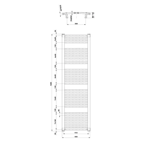 Grzejnik łazienkowy 450 x 1680 mm biały 757 W ORBIT ILO64T Aqualine rysunek