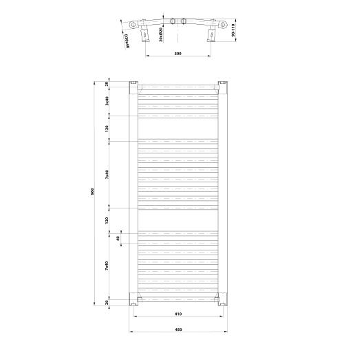 Grzejnik łazienkowy 450 x 960 mm biały 447 W ORBIT ILO94T Aqualine rysunek