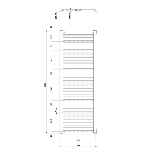 Grzejnik łazienkowy 455 x 1320 mm biały 594 W DIRECT ILR34T Aqualine rysunek