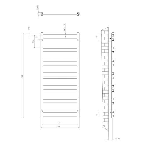 Grzejnik łazienkowy 500 x 1100 mm biały 343 W METRO DOS IR432T Sapho rysunek