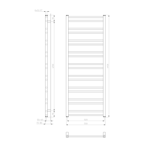 Grzejnik łazienkowy 500 x 1430 mm biały 476 W METRO DOS IR430T Sapho rysunek techniczny