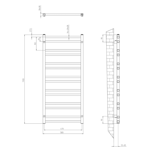 Grzejnik łazienkowy 500 x 1100 mm czarny mat 343 W METRO DOS IR432TB Sapho rysunek techniczny
