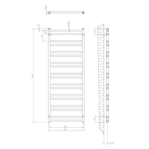 Grzejnik łazienkowy 550 x 1430 mm czarny mat 476 W METRO DOS IR430TB Sapho rysunek techniczny