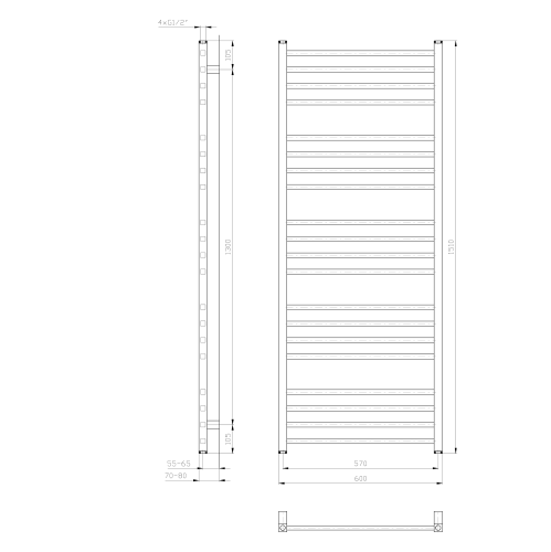 Grzejnik łazienkowy 600 x 1510 mm biały 557 W METRO IR420T Sapho rysunek techniczny