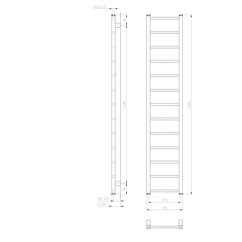 Grzejnik łazienkowy 300 x 1500 mm biały 276 W METRO LIGHT IR446T Sapho rysunek techniczny