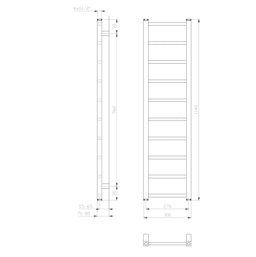 Grzejnik łazienkowy 300 x 1140 mm biały 211 W METRO LIGHT IR444T Sapho rysunek techniczny