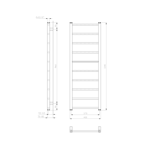 Grzejnik łazienkowy 400 x 1140 mm biały 247 W METRO LIGHT IR445T Sapho  rysunek techniczny