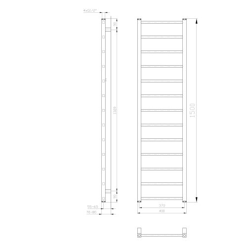 Grzejnik łazienkowy 400 x 1500 mm biały 323 W METRO LIGHT IR447T Sapho rysunek techniczny