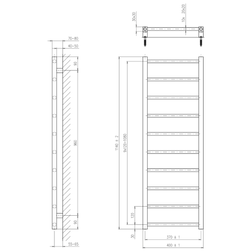 Grzejnik łazienkowy 400 x 1140 mm czarny mat 247 W METRO LIGHT IR445TB Sapho rysunek techniczny